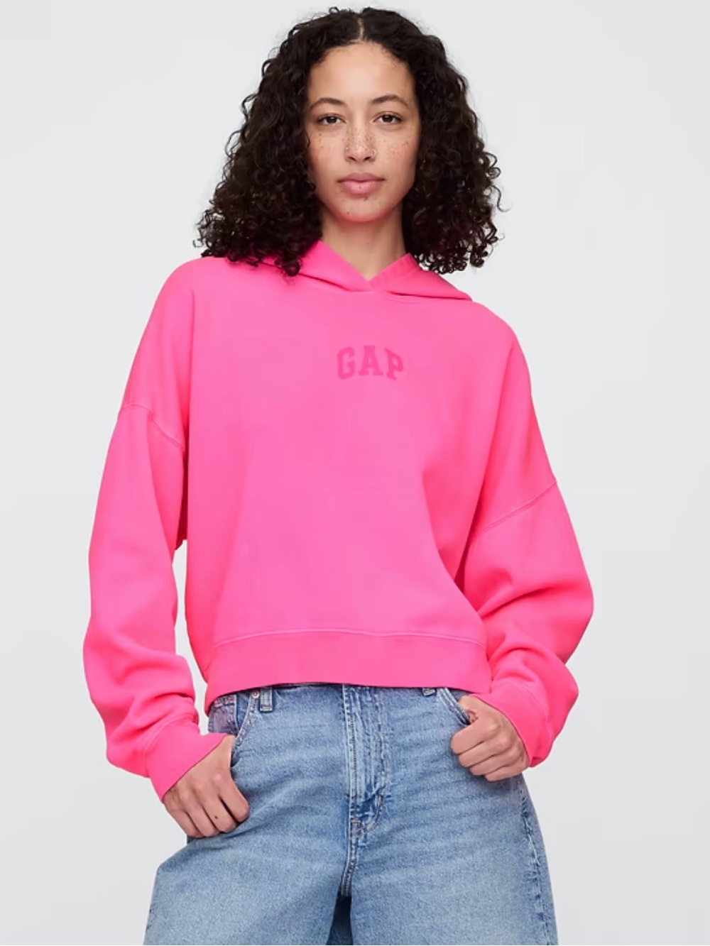 Relaxed Gap Mini-Logo Cropped Hoodie Barbiecore Pink Oversized Slouchy Grunge